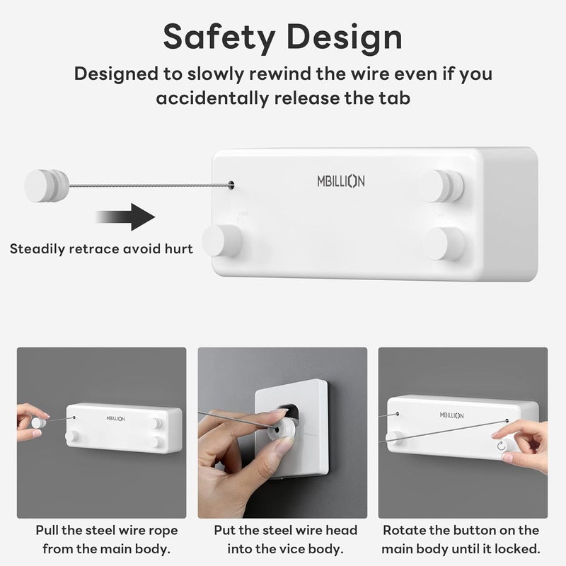 Mbillion Retractable Clothesline 13.8 Ft Stainless Steel Double Clothes line retracting Indoor Heavy Duty Retractable Laundry Line Wall Mounted (Double Line-White) - Image 5